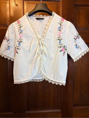 Cross stitch 100% cotton embroidery crochet top jacket coastal boho romantic